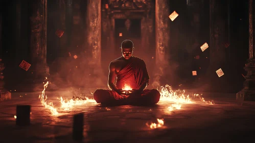 Meditating Monk with Fiery Aura