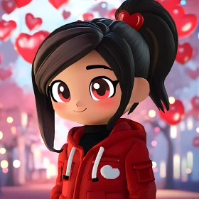 Sweet Cartoon Girl with Heart Balloons