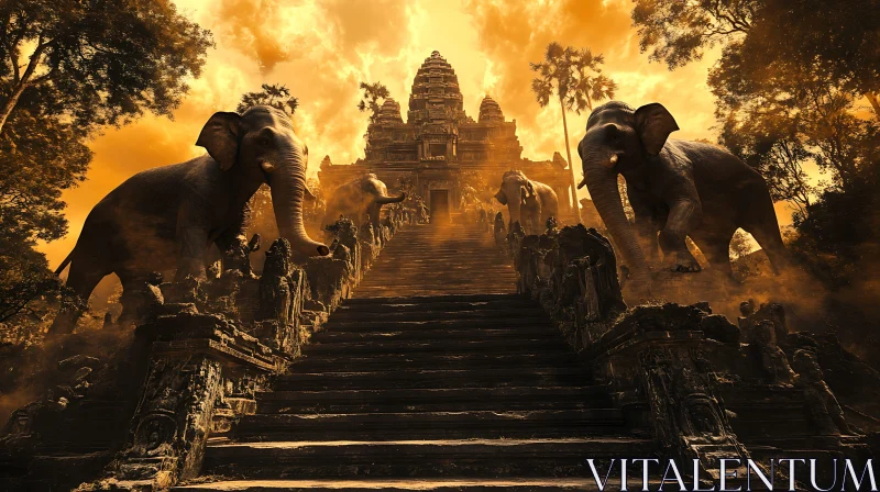 Golden Temple Ascent with Elephant Sentinels AI Image