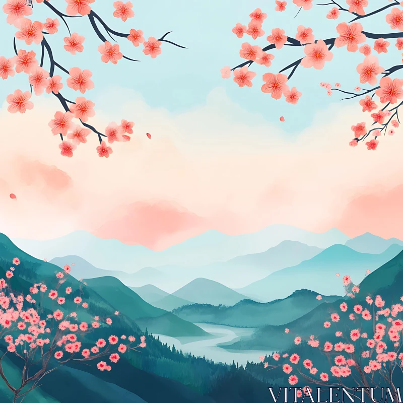 Mountain View with Cherry Blossoms AI Image