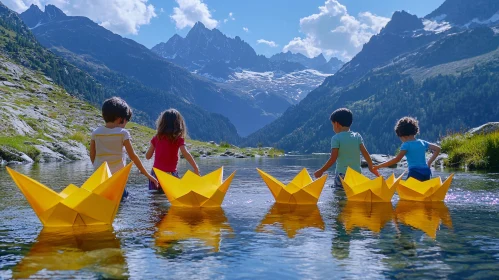 Kids Playing with Paper Boats in Nature