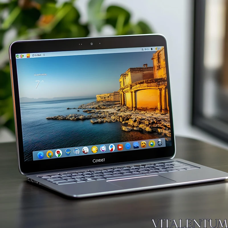 Sleek Office Laptop with Seaside Scenic Display AI Image