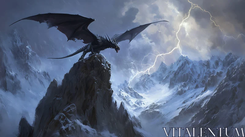 Black Dragon on Mountain with Lightning AI Image