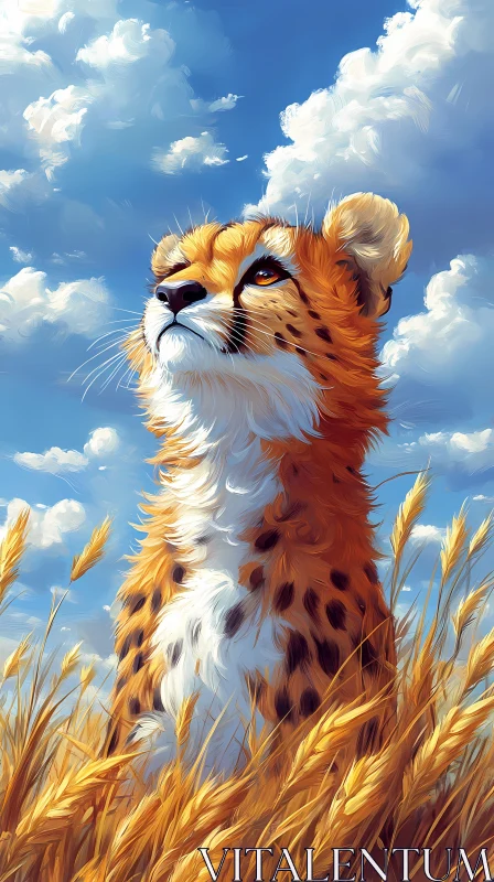 Cheetah Gazing at Clouds in a Golden Field AI Image