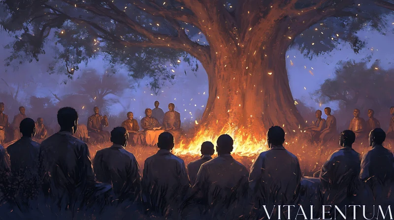 AI ART Firelight Circle: A Nighttime Gathering