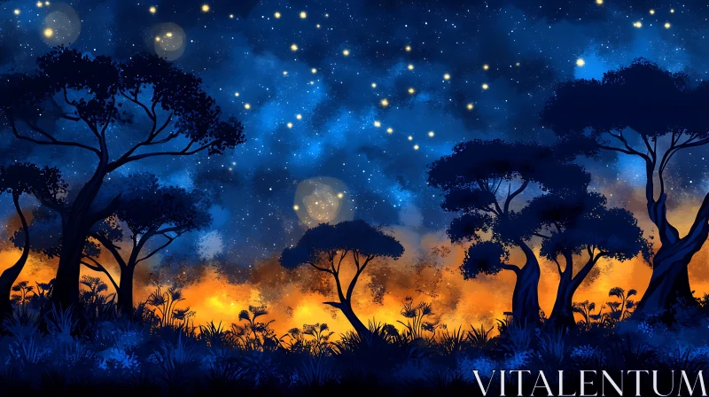 Starry Night Forest Silhouettes AI Image