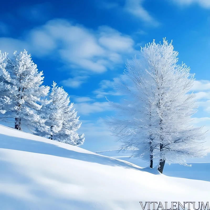 Tranquil Snowy Forest Under Clear Blue Sky AI Image