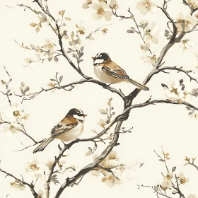 Watercolor Bird Illustration on Blossoming Branches