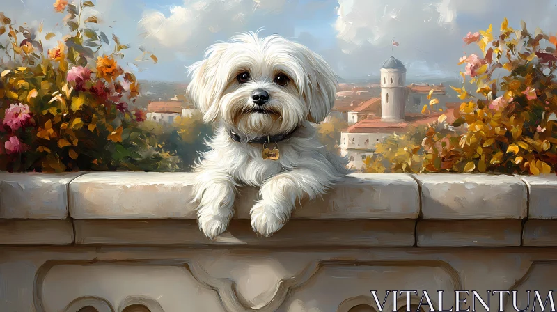 AI ART Fluffy White Dog Overlooking a City