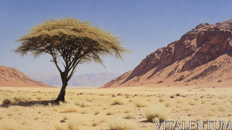 AI ART Single Tree Amidst Desert and Mountains