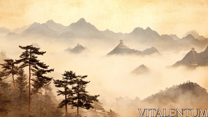 AI ART Foggy Mountain View with Trees