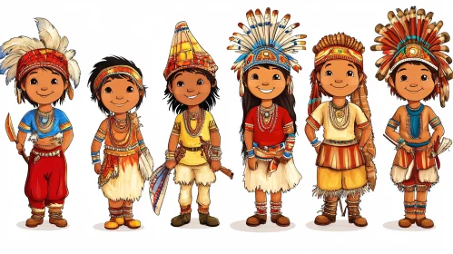 Cartoon Native American Children in Traditional Dress