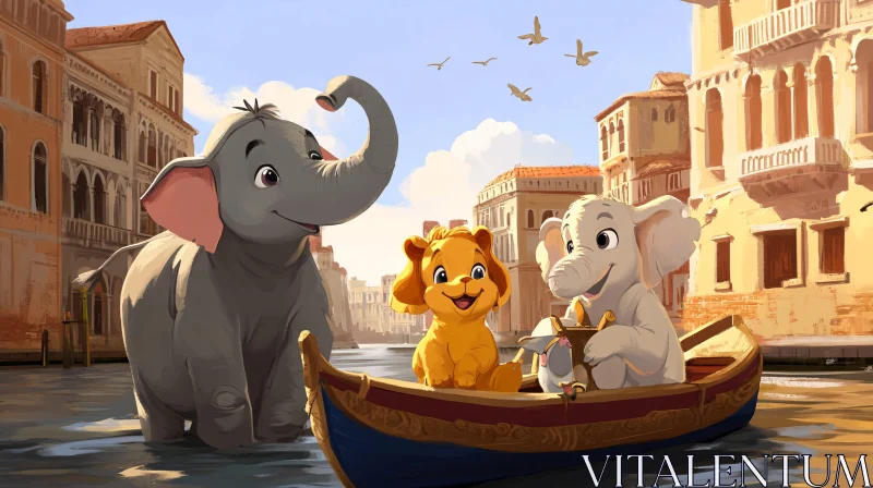 AI ART Animated Elephants and Dog Enjoying Venice