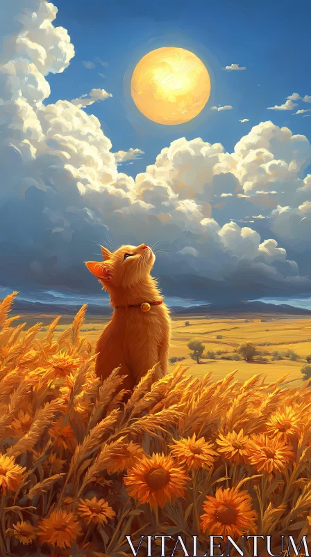 Cat Amidst Sunflowers and Clouds AI Image