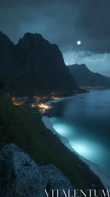 AI ART Serene Night by the Sea and Mountains