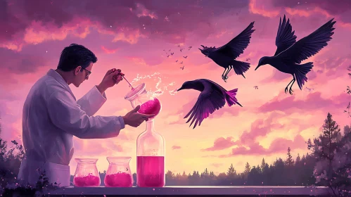 Pink Potion and Crows at Sunset