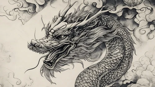 Monochrome Dragon Drawing with Cloudscape