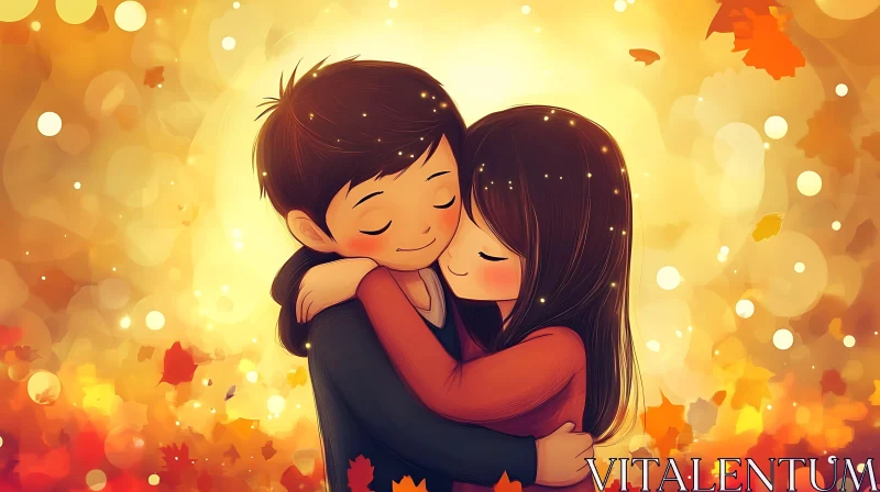 AI ART Cartoon Couple Embracing in Autumn