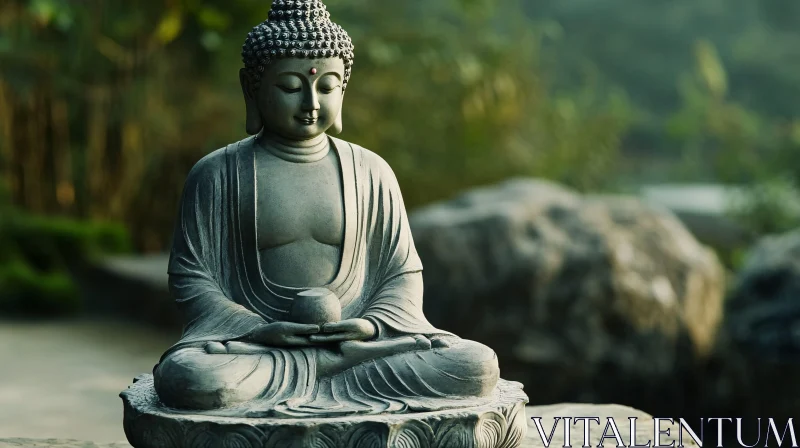 Serene Buddha Sculpture with Green Backdrop AI Image