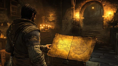 Man Examining Old Map by Candlelight