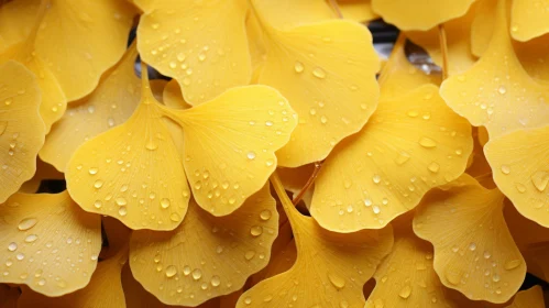 Close-Up of Golden Ginkgo Leaves with Water Droplets