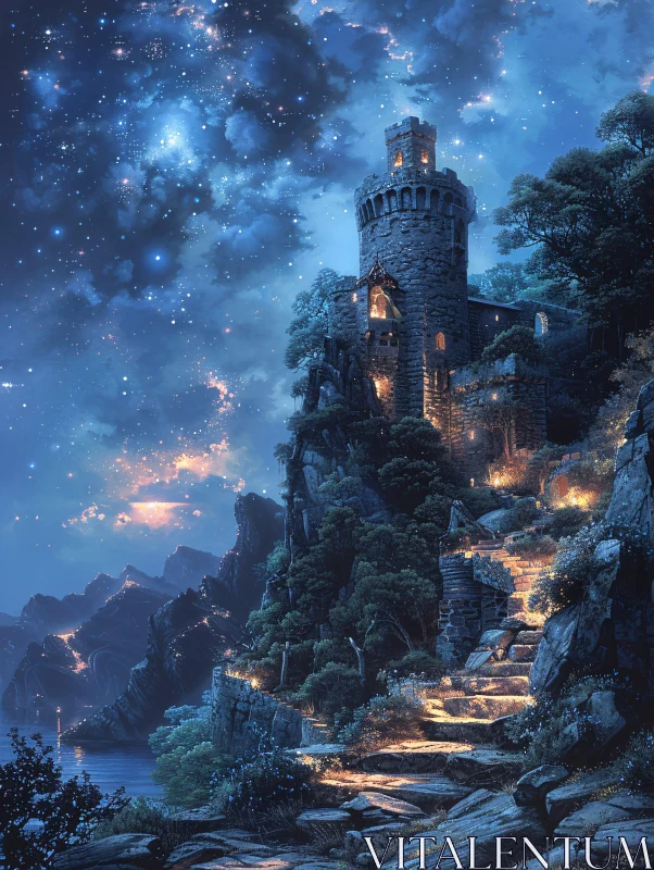 Fantasy Castle on a Cliff at Night AI Image