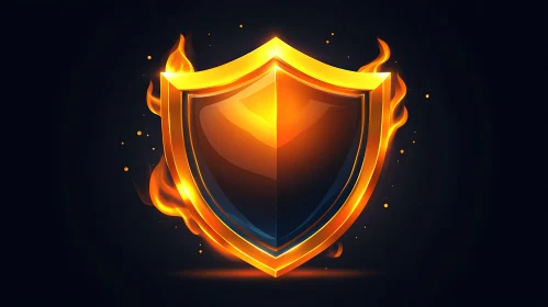 Golden Shield with Flames in Dark Background