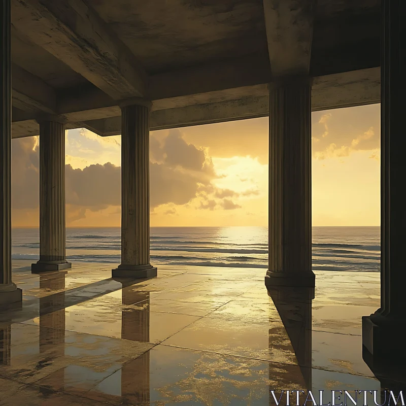 Golden Sunset at Sea Framed by Columns AI Image