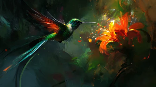 Painted Hummingbird with Orange Flower