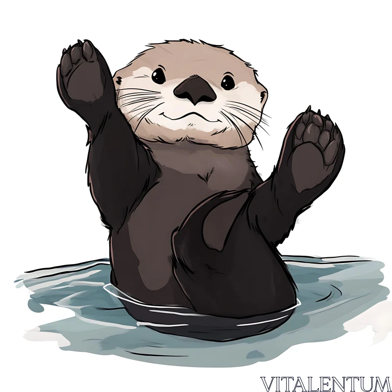 Cute Otter Drawing with Raised Paws AI Image