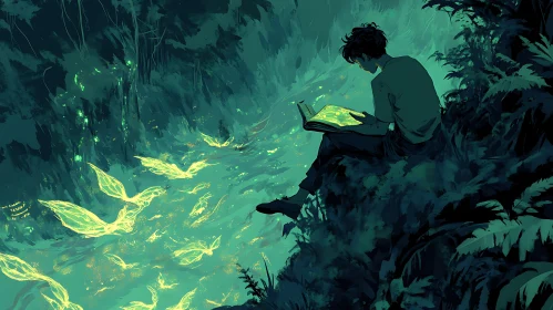 Glowing Book and Fairies in Forest