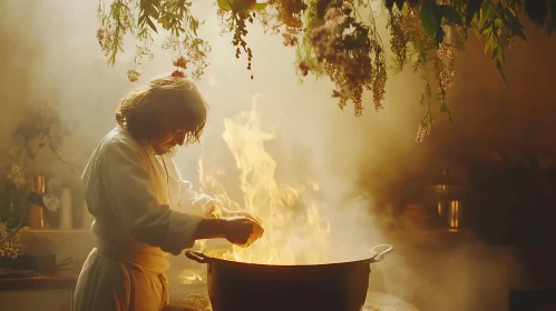 Mystical Cooking: Woman and the Fiery Cauldron