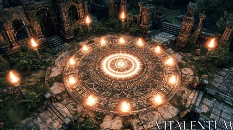 Enigmatic Circular Stone Platform with Glowing Symbol AI Image