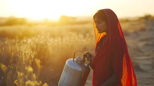 Woman Carrying Water in Desert at Sunset