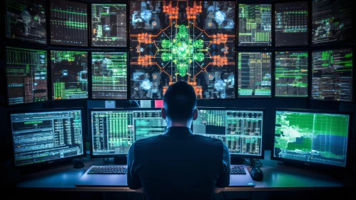 Immersed in Technology: A Captivating Image of a Person Surrounded by Computer Screens
