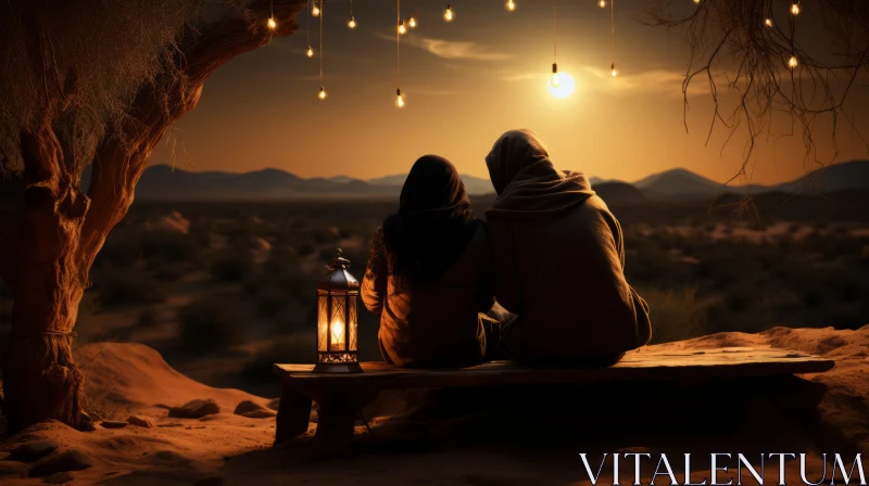 Romantic Scene in Desert with Lantern Light AI Image