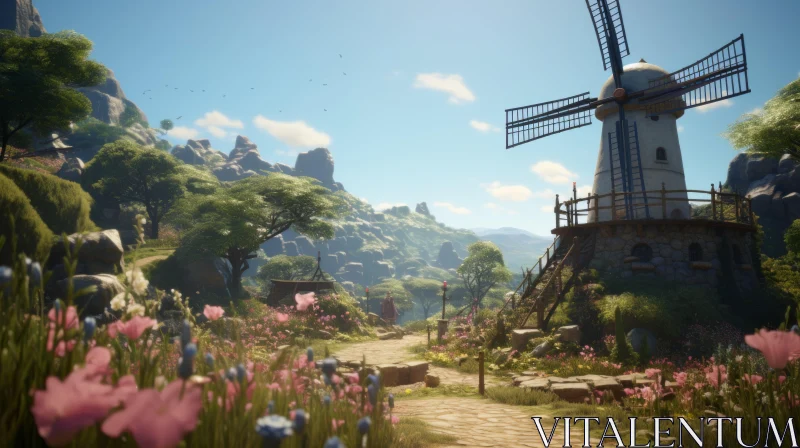 Romantic Wilderness: Windmill in Mediterranean-inspired Landscape AI Image