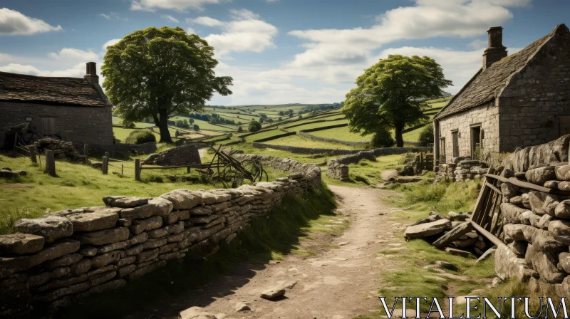 Traditional British Landscape with Stone Houses and Path AI Image