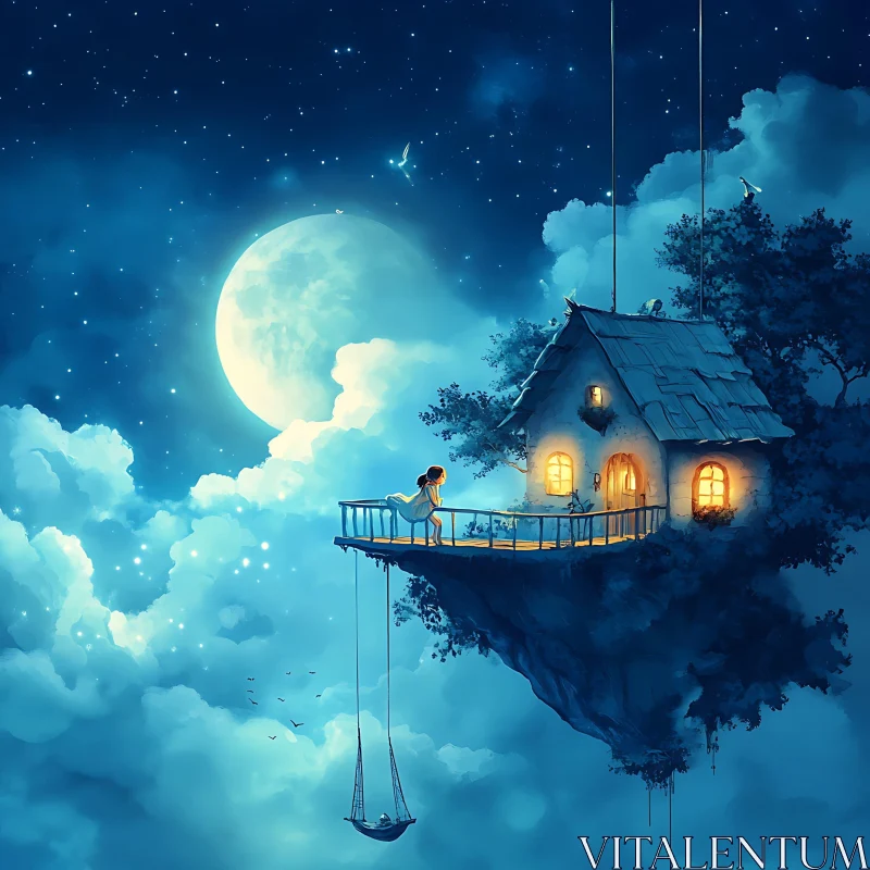 AI ART Surreal Night Scene with Floating House