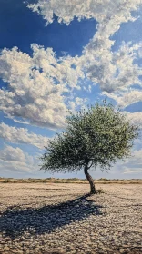 Lone Tree in Vast Desert Under a Cloud-filled Sky