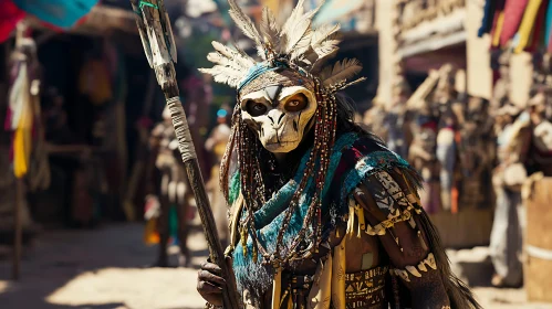 Masked Warrior in Ancient Village