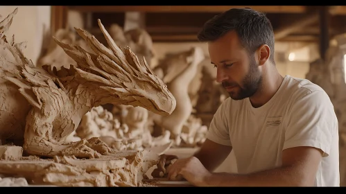 Man Sculpting Clay Dragon Art