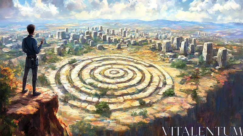 Man Contemplates Ancient Ruins From Cliff