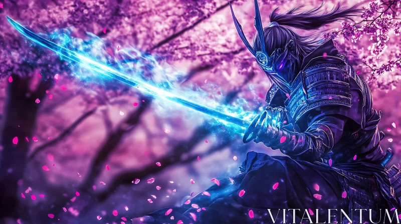 Mystic Samurai in Cherry Blossom Garden