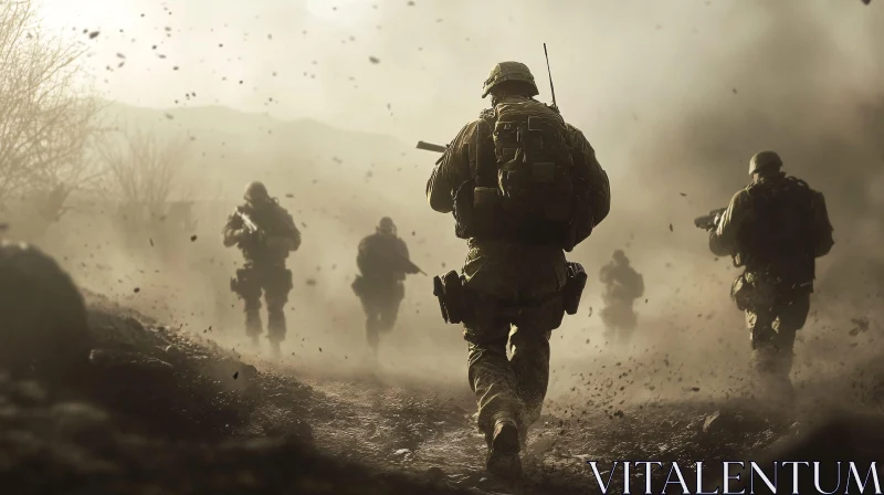 Military Troops in Dusty Combat Zone