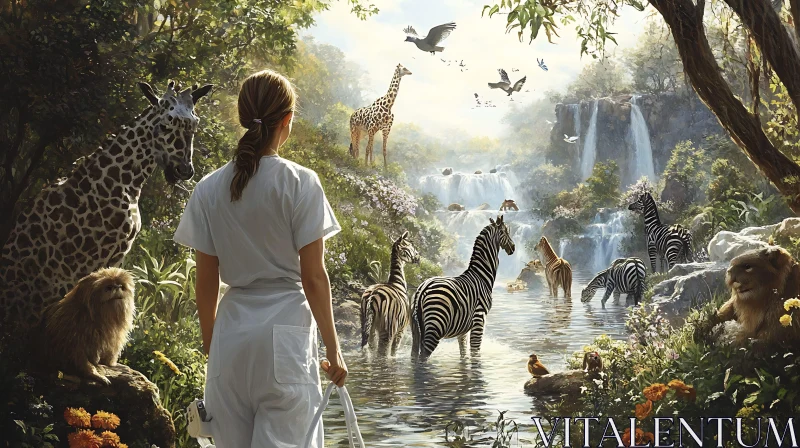 Woman and Animals in Natural Habitat