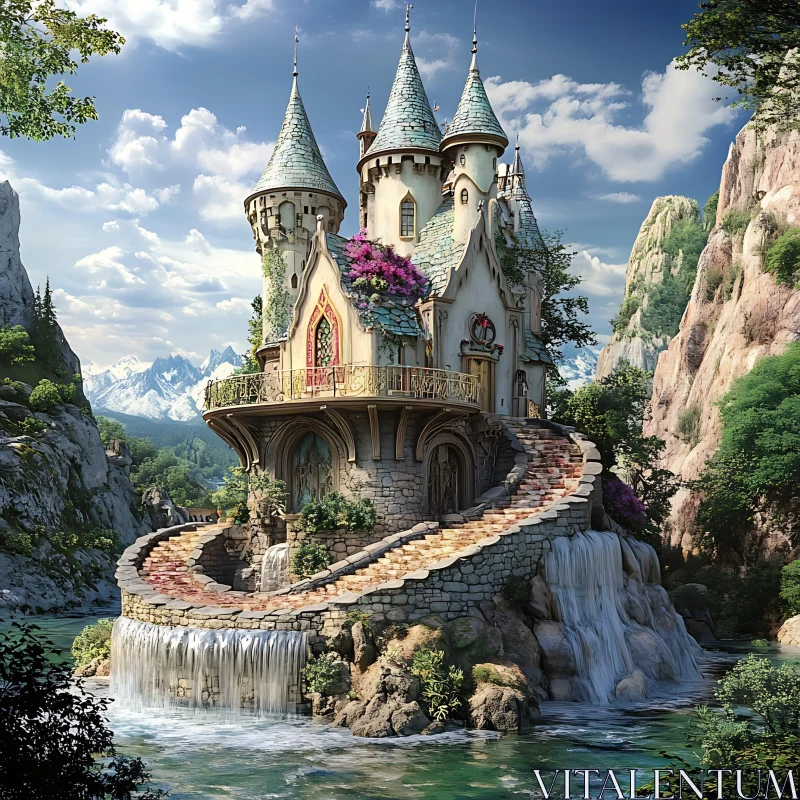 Fairytale Castle with Cascading Waterfall View