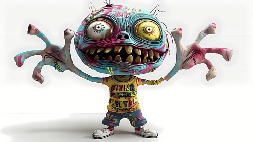 3D Cartoon Blue Creature with Surprised Expression