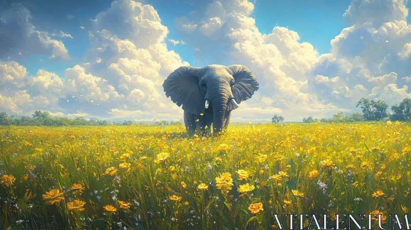 Majestic Elephant in Flower Field