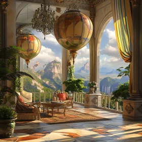 Luxurious Veranda with Hot Air Balloons and Scenic Views